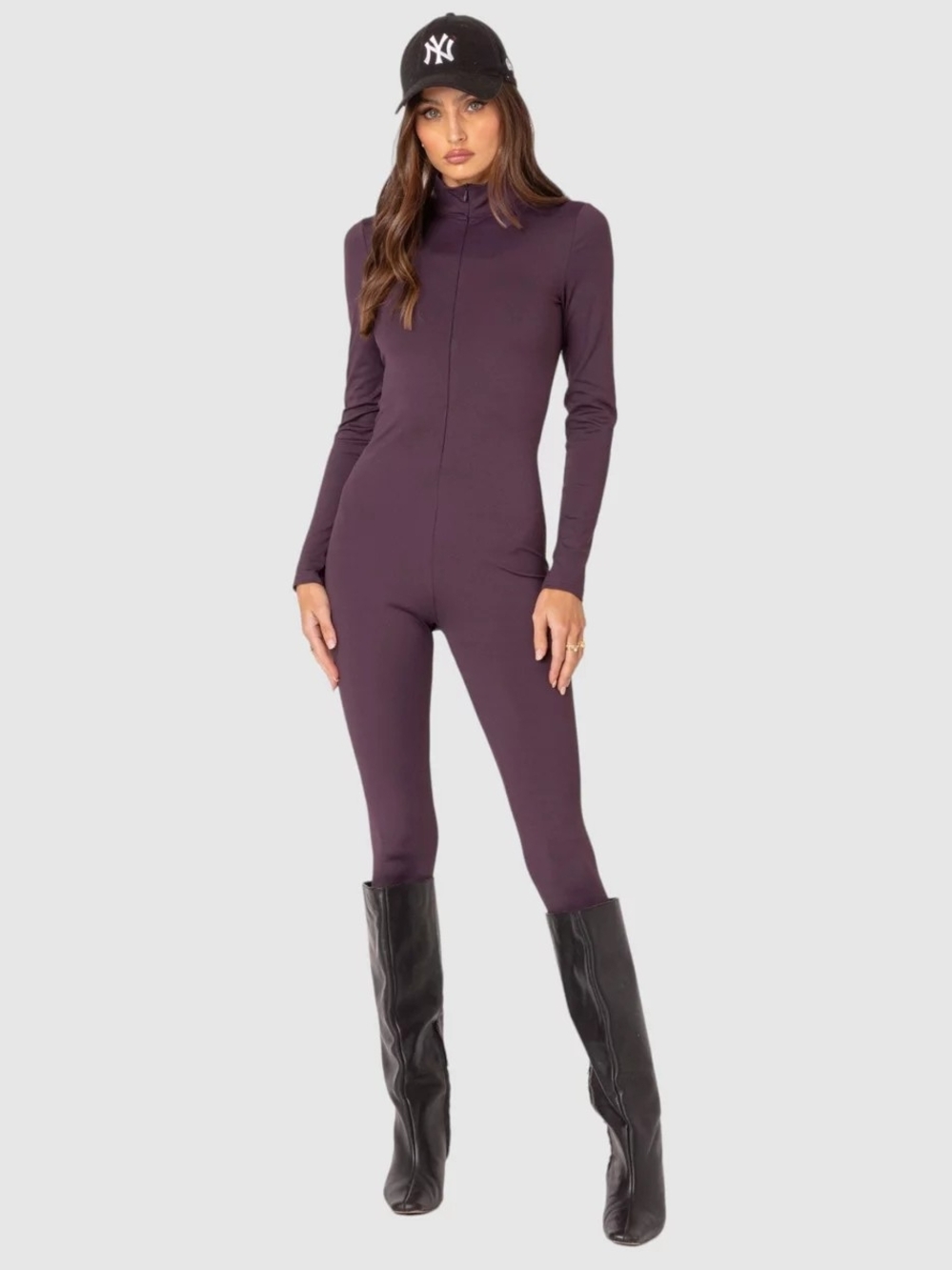 Women's Slim Long-Sleeve Jumpsuit in Plum